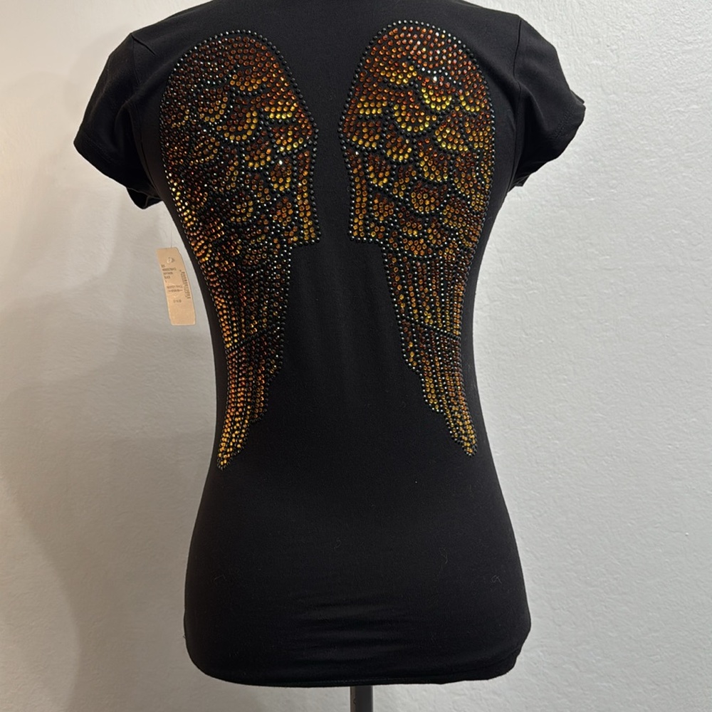 Rawyalty LA Black Cotton T-Shirt with Gold Angel Crystal Wings Size S NWT